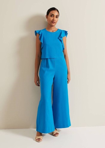 Phase Eight Petite Aubrey Blue Linen Frill Jumpsuit Blue USA | 7930416-HQ